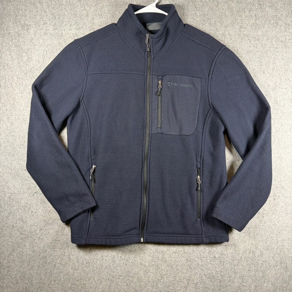 Free Country Mens Waffle Knit Full Zip Fleece Jacket Size M Navy Blue Pocket
